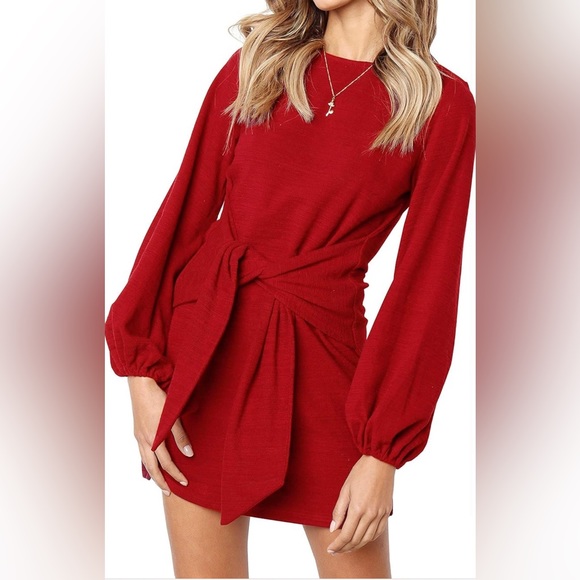 R.Vivimos Women's Cotton Long Sleeve Elegant Knitted Tie Waist Sweater Dress - Picture 3 of 12